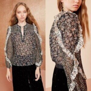 Ulla Johnson Norma Silk Noir Black Floral Print Ruffle Trim Blouse Size 0